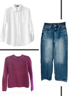 Quince Bundle, White Cotton Shirt, Pink Berry Fishman Sweater, Blue Denim Jeans